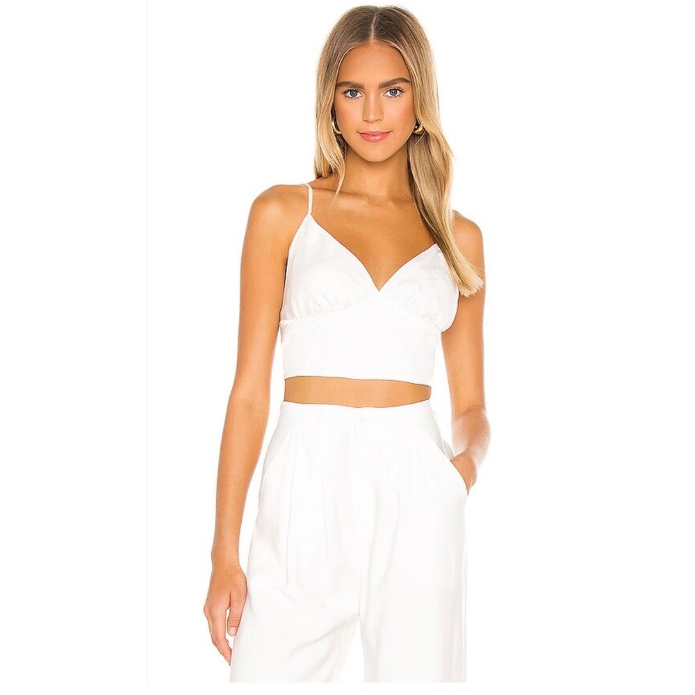Amanda Uprichard White Jacquard Crop Top Smocked Back V-Neck NWT Size S